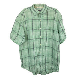 Nautica Shirt Mens Sz M Green 100% Linen Windowpane Plaid Button Up Short Sleeve